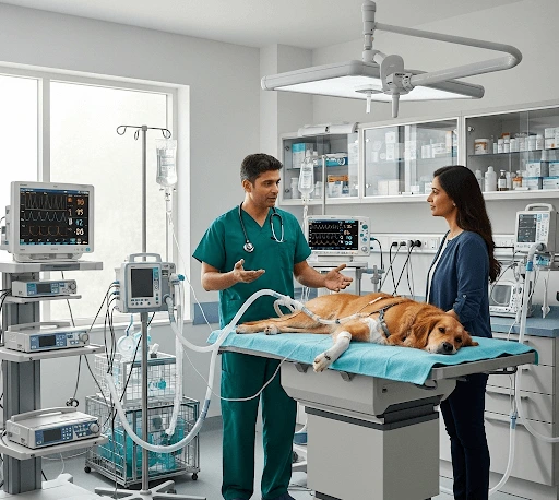 Indian veterinarian monitoring dog in advanced veterinary ICU